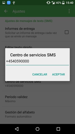 Introduzca el número de Centro de servicios SMS y seleccione ACEPTAR