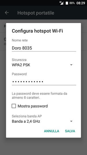 Inserisci una password dell'hotspot Wi-Fi di almeno 8 caratteri e seleziona SALVA