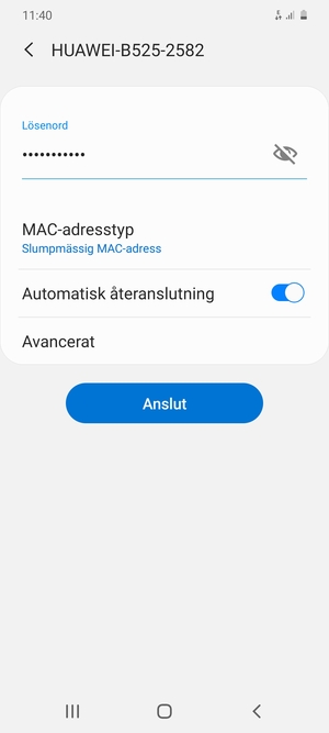 Ange lösenord till Wi-Fi och välj Anslut