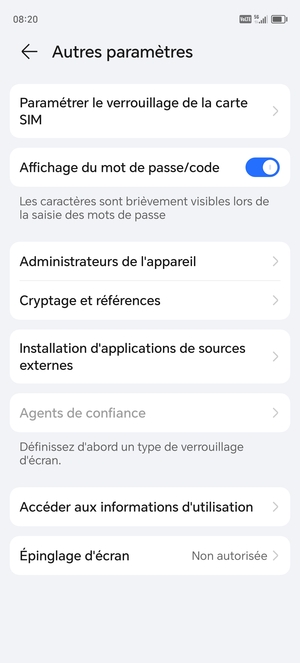 Sélectionnez Paramètres le  verrouillage de la carte SIM