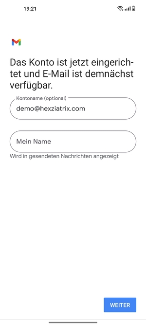 Geben Sie Ihrem Konto einen Namen und geben Sie Ihren Namen ein. Wählen Sie WEITER