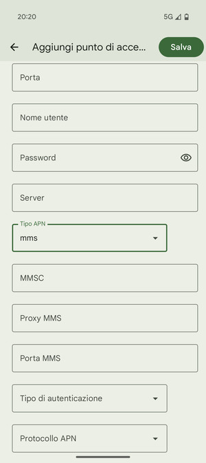 Scorri verso il basso e inserisci le informazioni degli MMS