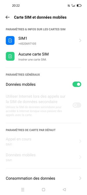 Sélectionnez SIM1 ou SIM2