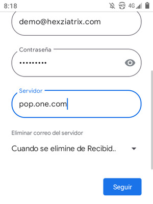 Introduzca Nombre de usuario y la dirección de servidor entrante. Seleccione Seguir