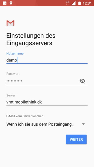 Geben Sie Nutzername und die Server-Adresse für eingehende Post ein. Wählen Sie WEITER