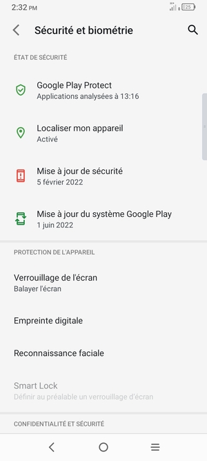 Pour activer votre verrouillage d'écran, retournez au menu Sécurité et biométrie et appuyez sur Verrouillage de l'écran