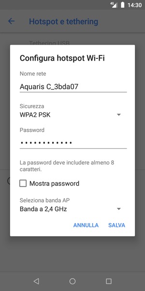 Inserisci una password dell'hotspot Wi-Fi di almeno 8 caratteri e seleziona SALVA