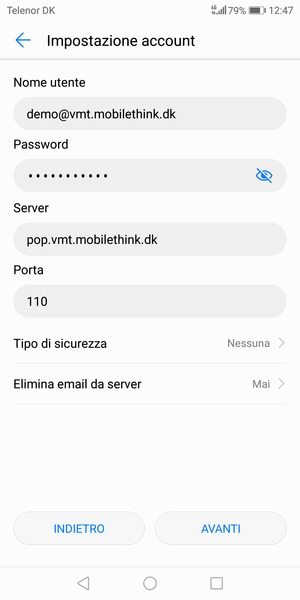 Inserisci Nome utente e l'indirizzo del server di posta in arrivo. Seleziona AVANTI