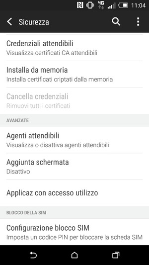Per cambiare il PIN della scheda SIM, torna al menu Sicurezza, scorri fino a Configurazione blocco SIM e seleziona questa opzione
