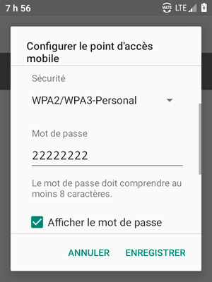 Saisissez un mot de passe de point d'accès mobile d'au moins 8 caractères et sélectionnez ENREGISTRER