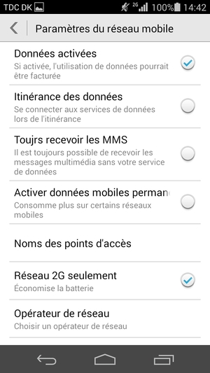 Si votre écran ressemble à ceci, cochez la case Réseau 2G seulement pour activer la 2G