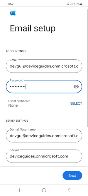 Enter Username and Exchange server address. Select Next
