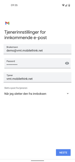 Skriv inn Brukernavn og innkommende serveradresse. Velg NESTE
