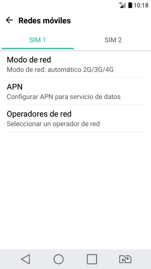 Seleccione SIM 1 o SIM 2 y seleccione APN