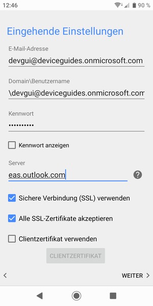Geben Sie Benutzername und Exchange Server-Adresse ein. Wählen Sie WEITER