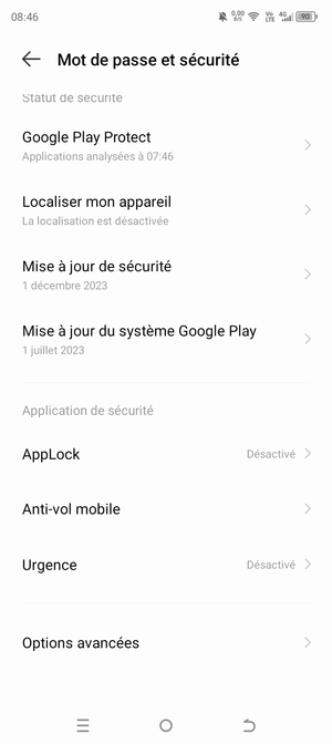 Pour modifier le code PIN de la carte SIM, allez dans le menu Mot de passe et sécurité et sélectionnez Options avancées