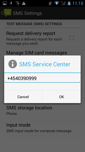 Enter the SMS Service Center number and select OK