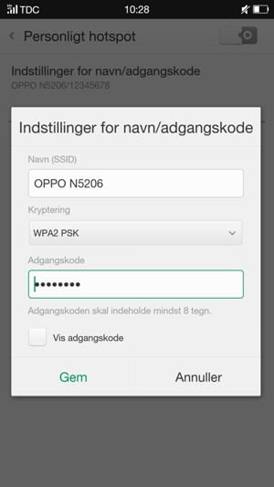 Indtast en Wi-Fi-hotspot adgangskode på minimum 8 tegn og vælg Gem