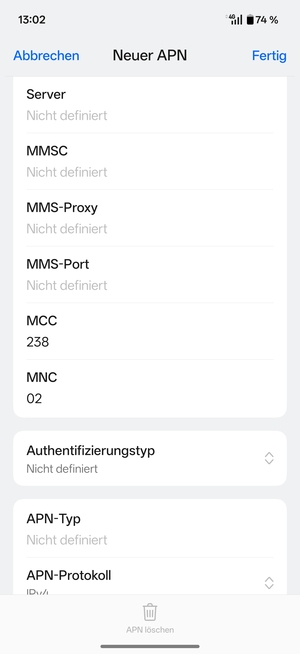 Scrollen Sie nach unten und geben Sie MMS-Informationen ein
