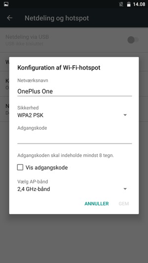 Indtast en Wi-Fi-hotspot adgangskode på minimum 8 tegn og vælg GEM