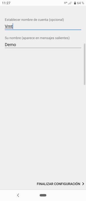 Déle a su cuenta un nombre y escriba su nombre. Seleccione FINALIZAR CONFIGURACIÓN