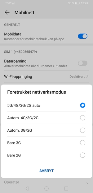 Velg ønsket alternativ