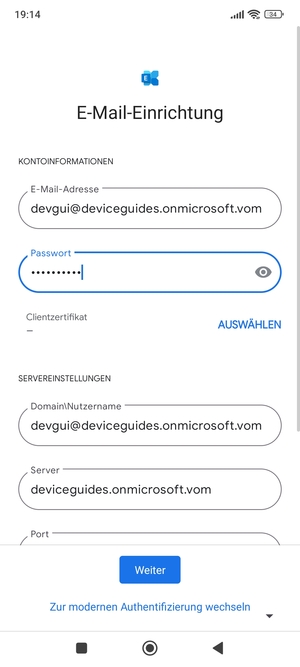 Geben Sie Benutzername und Exchange Server-Adresse ein. Wählen Sie Weiter