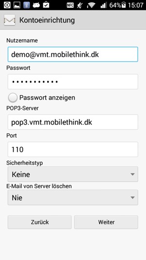 Geben Sie Benutzername und die Server-Adresse für eingehende Post ein. Wählen Sie Weiter