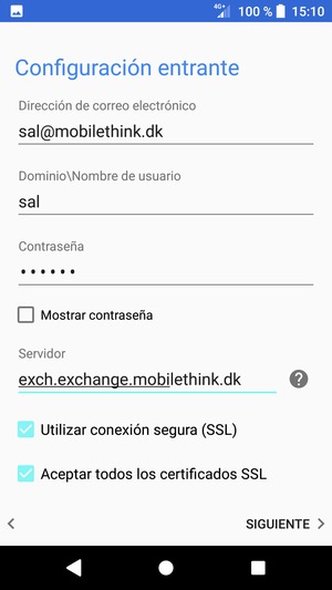 Introduzca Nombre de usuario y la dirección de servidor Exchange. Seleccione SIGUIENTE