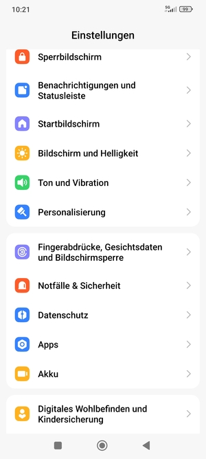 Scrollen Sie und wählen Sie Fingerabdrücke, Gesichtsdaten und Bildschirmsperre