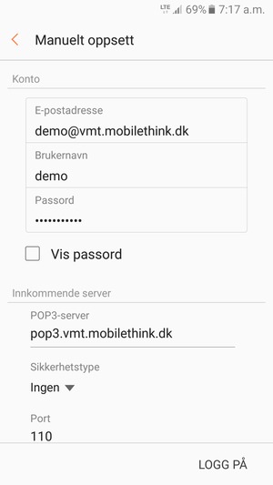 Skriv inn Brukernavn og innkommende serveradresse