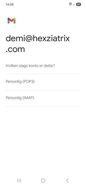 Vælg Personlig (POP3) eller Personlig (IMAP)