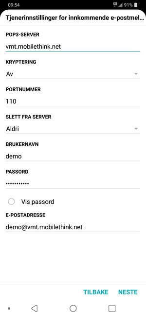 Skriv inn Innkommende serveradresse og Brukernavn. Velg NESTE
