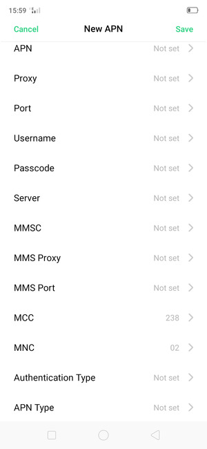 Scroll down and enter Internet information