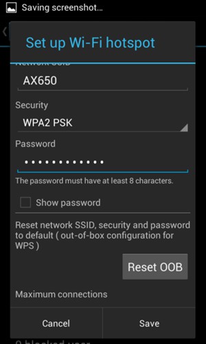 Enter a Wi-Fi hotspot password of at least 8 characters and select Save