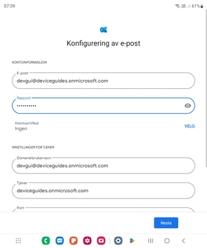 Skriv inn Brukernavn og Exchange serveradresse. Velg Neste