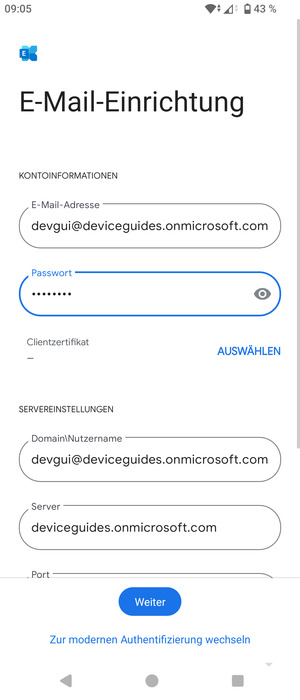 Geben Sie Benutzername und Exchange Server-Adresse ein. Wählen Sie Weiter