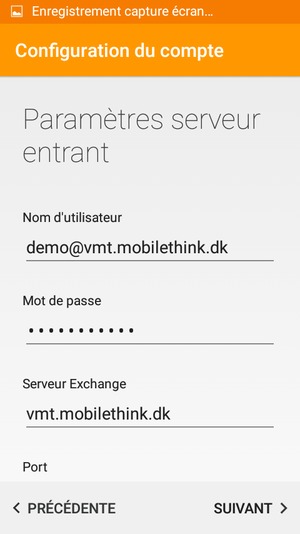 Saisissez votre Nom d'utilisateur et l'adresse du serveur entrant. Sélectionnez SUIVANT