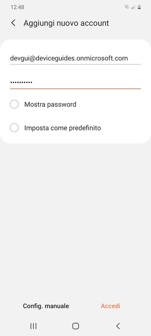 Inserisci il tuo indirizzo email e password. Seleziona Config. manuale