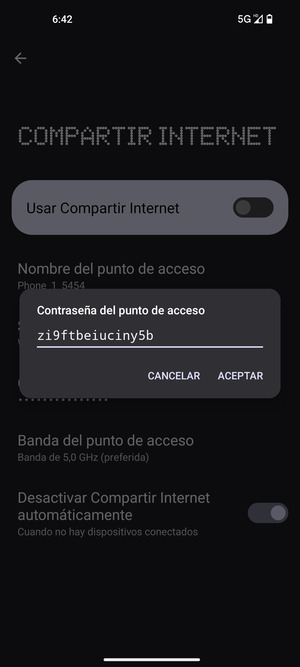 Introduzca una contraseña de punto de acceso Wi-Fi de al menos 8 caracteres y seleccione ACEPTAR