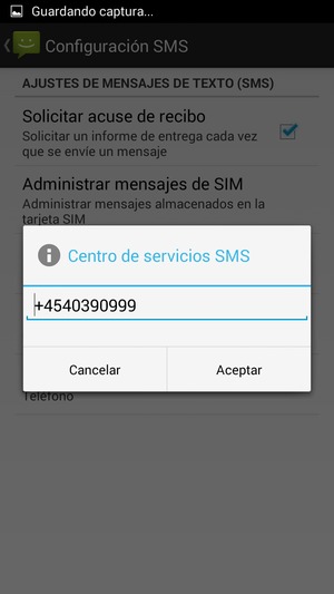 Introduzca el número de Centro de servicios SMS y seleccione Aceptar