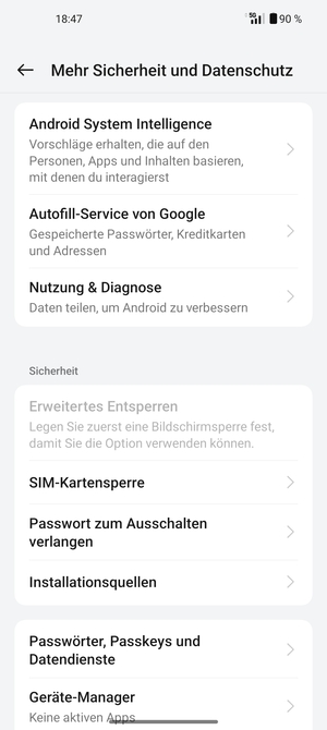 Scrollen Sie zu Sicherheit und wählen Sie SIM-Kartensperre
