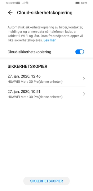 Velg den siste sikkerhetskopien fra listen