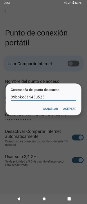 Introduzca una contraseña de punto de acceso Wi-Fi de al menos 8 caracteres y seleccione ACEPTAR