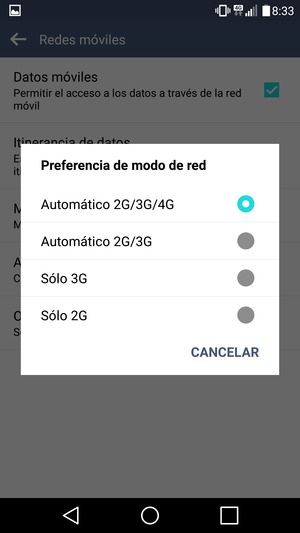 Seleccione Sólo 2G para habilitar 2G