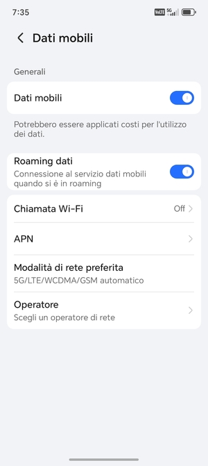 Attiva o disattiva Roaming dati