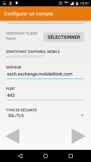 Faites défiler vers le bas et saisissez l'adresse du serveur Exchange. Sélectionnez SUIVANT