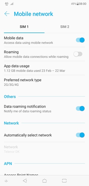Select SIM 1 or SIM 2 and select Preferred network type