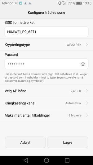 Skriv inn et Wi-Fi hotspot-passord på minst 8 tegn og velg Lagre