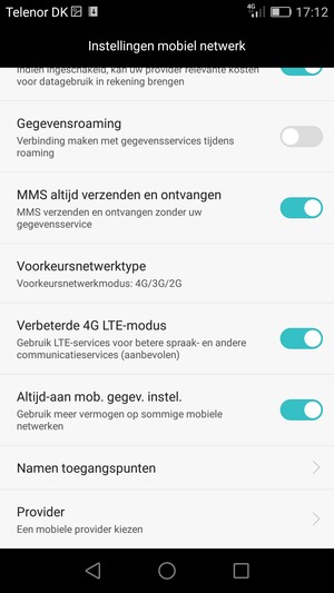 Om van netwerk te wisselen in geval van netwerk problemen, selecteer Provider